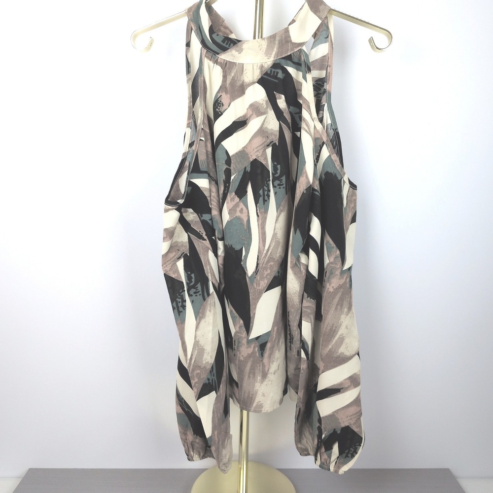 Women's XL Cold Shoulder Blouse Lightweight Green Abstract Halter Neck Tie Back